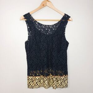 🦋3/$25 Velvet Small Lace Navy Blue Gold Sleeveless Lined Top